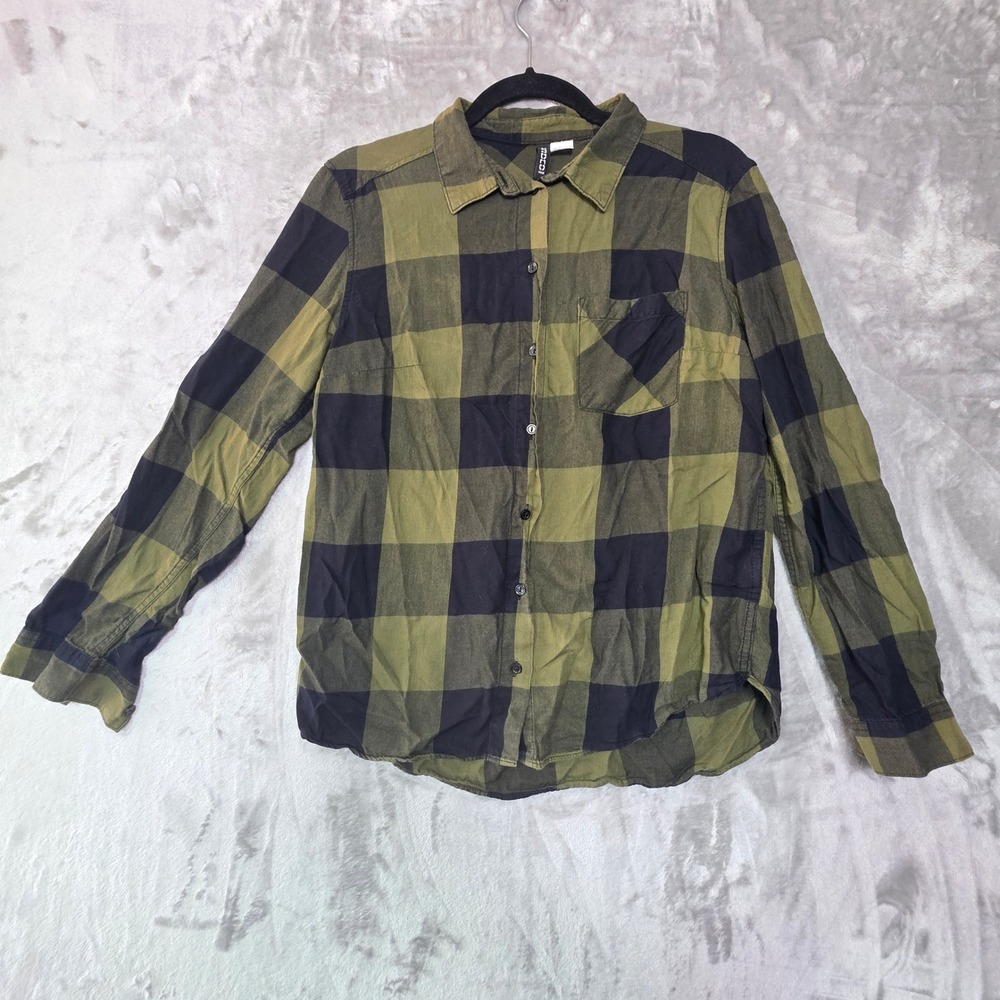 HM Divided Womens Green Black Buffalo Plaid Button Down Shirt Size 6 Cotton